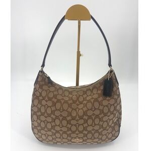 Coach Signature Monogram Canvas Hobo Shoulder Bag Khaki Black Leather Trim
